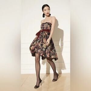 Cara Cara NWT Veronica Strapless Bubble Dress Multi Jacobean Black Velvet Bow 6
